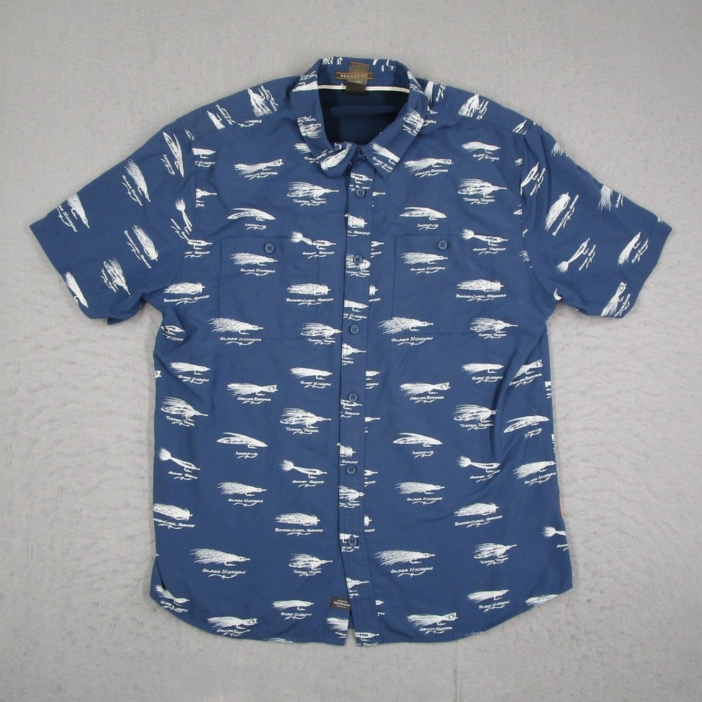Quiksilver Waterman Mens Medium Blue Fishing Lure Print Nylon Ripstop Shirt M